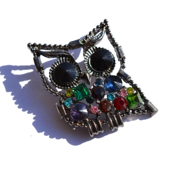 Silver Plated gold chain multicolor crystal owl necklace brooch - Picture 9 of 14